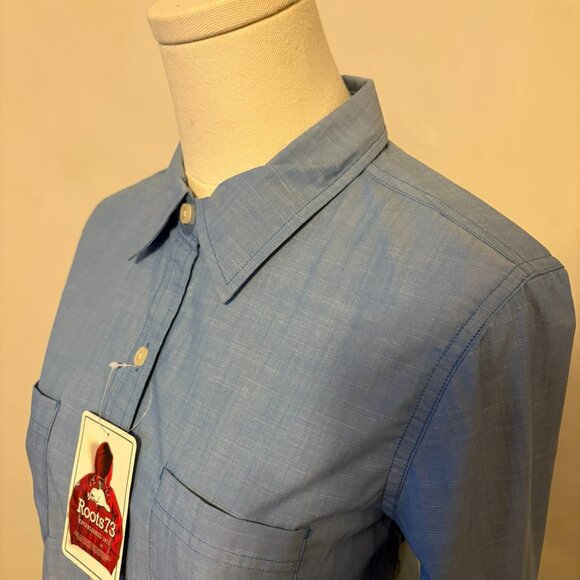 Women Roots 73 Blue Small Petite Western Style Button Up Shirt Roll Tab Sleeve - Picture 4 of 12